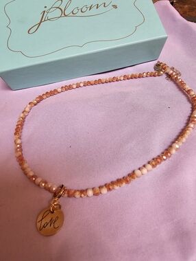 J BLoom Peach-Pink Beaded Necklace with Gold 'Love' Charm